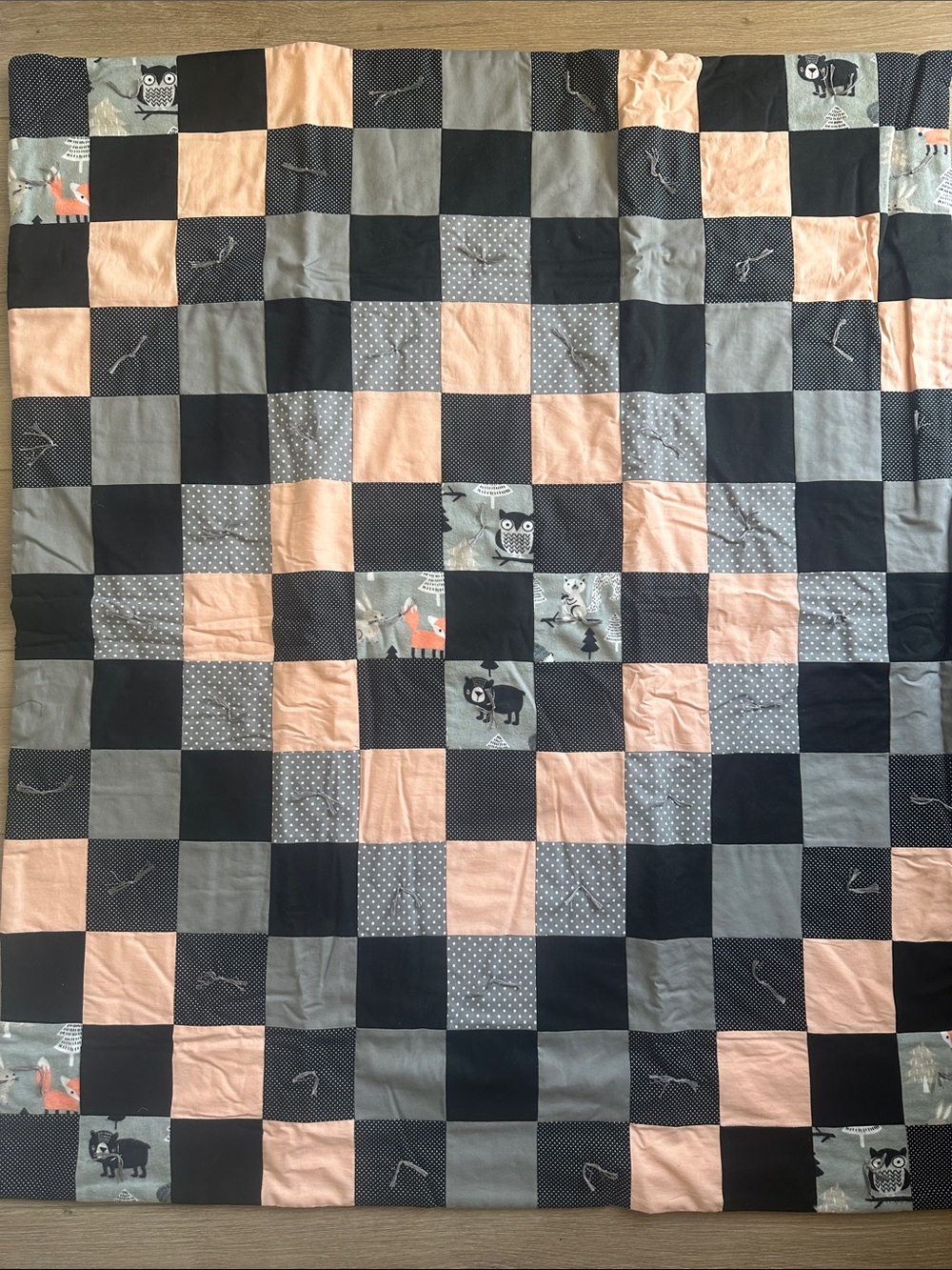 NWOT Handmade Patchwork Woodland Baby Quilt - Pink, Gray & Black